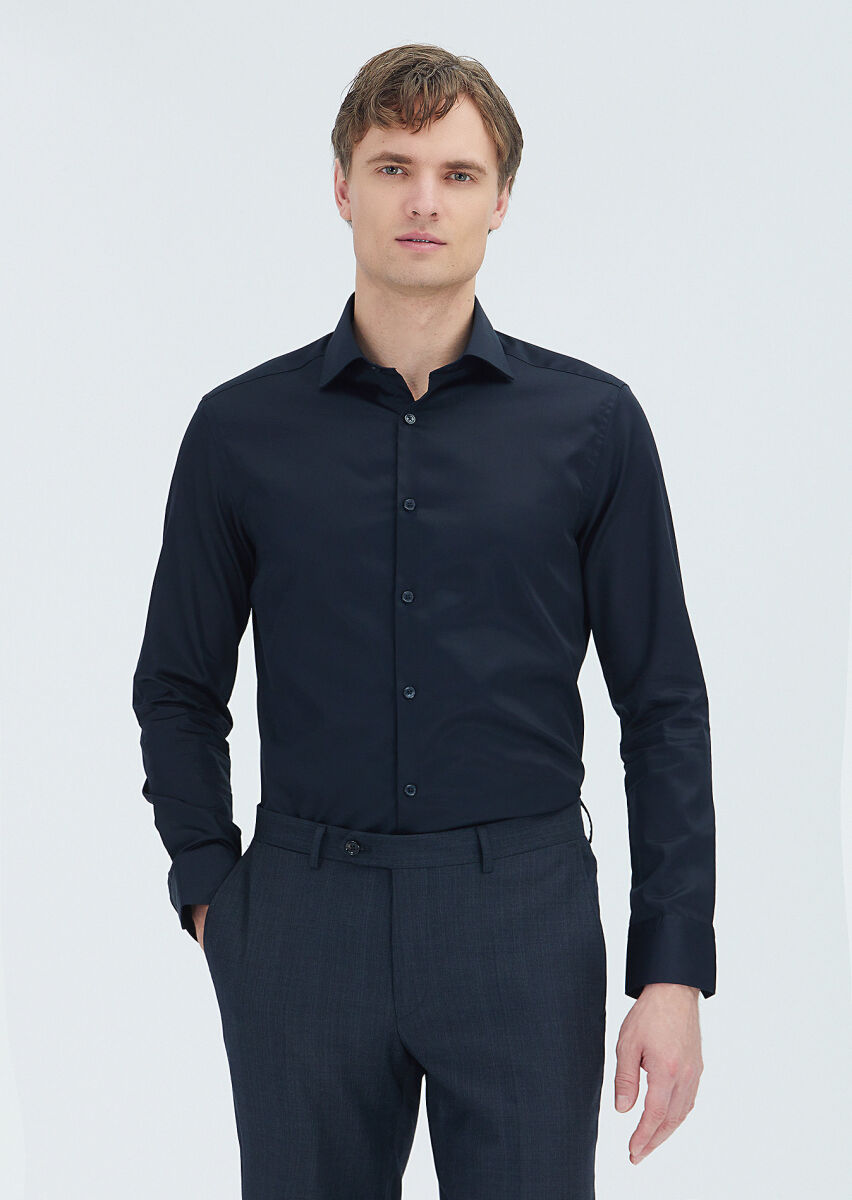 Black Slim Fit Weaving Classical 100% Cotton Shirt - 1