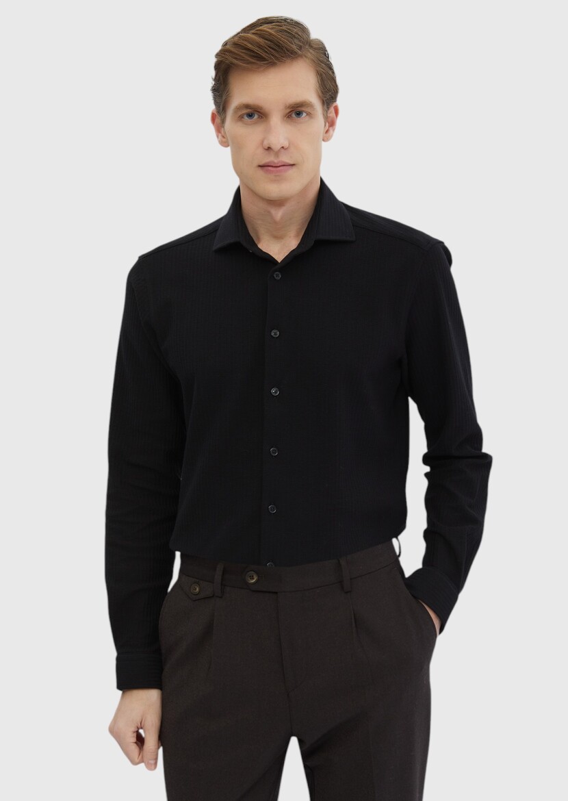 Black Striped Casual Fit Long Knitting Casual 100% Cotton Shirt - 3