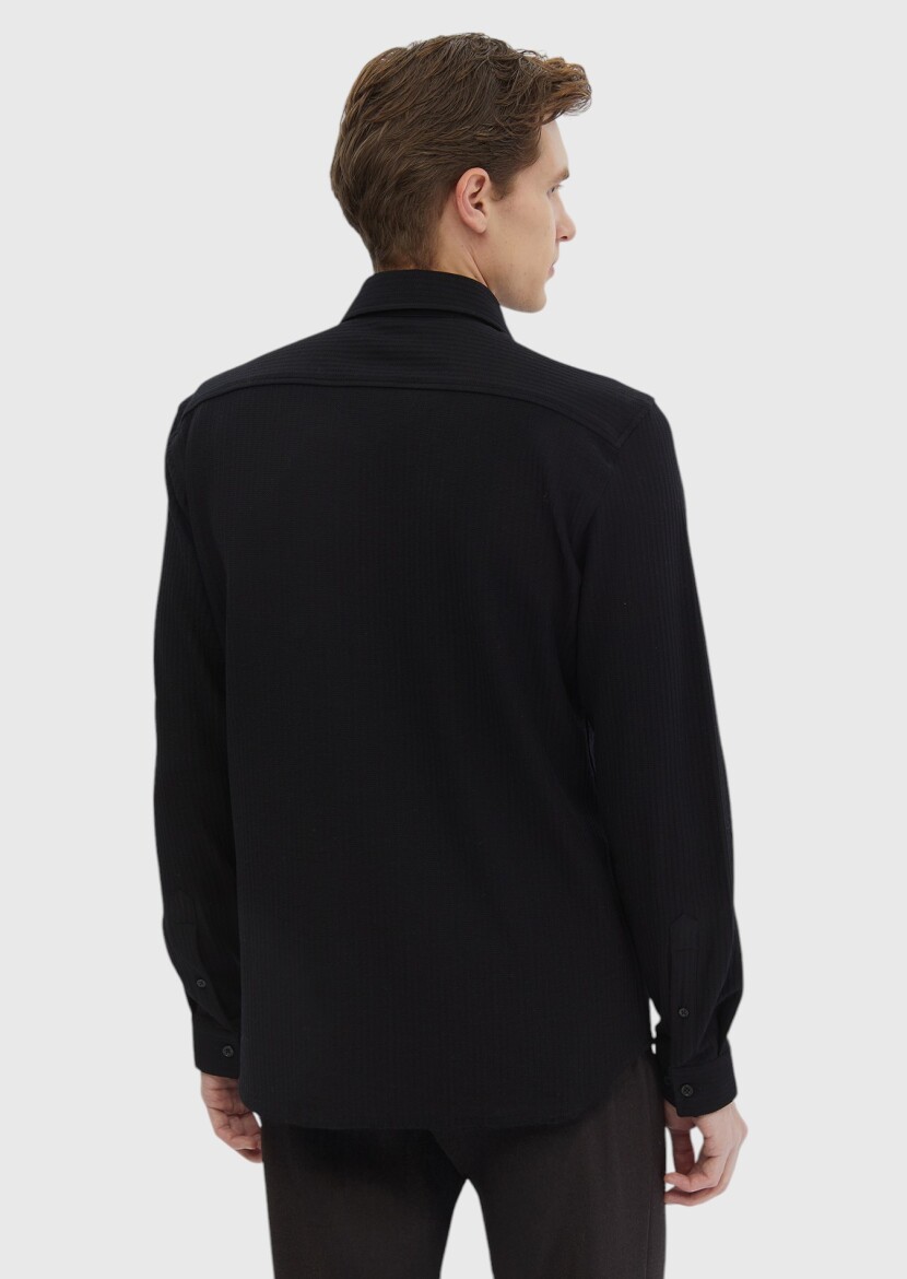 Black Striped Casual Fit Long Knitting Casual 100% Cotton Shirt - 5