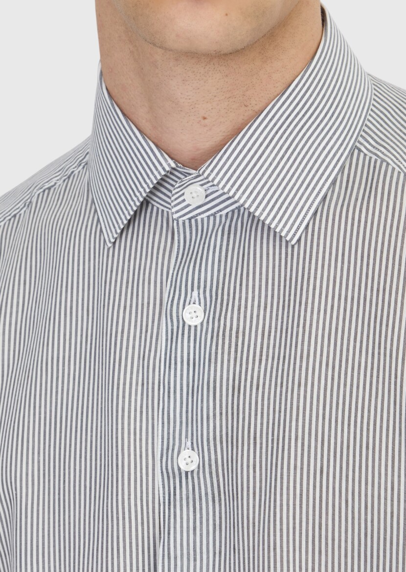 Black Striped Casual Fit Long Weaving Casual Cotton Blended Shirt - 4