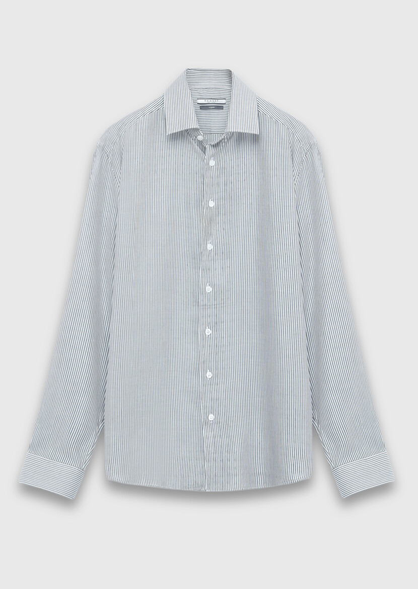 Black Striped Casual Fit Long Weaving Casual Cotton Blended Shirt - 6