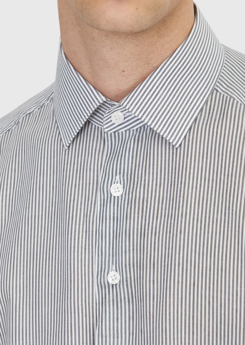 Black Striped Casual Fit Weaving Casual Cotton Blended Shirt - 4