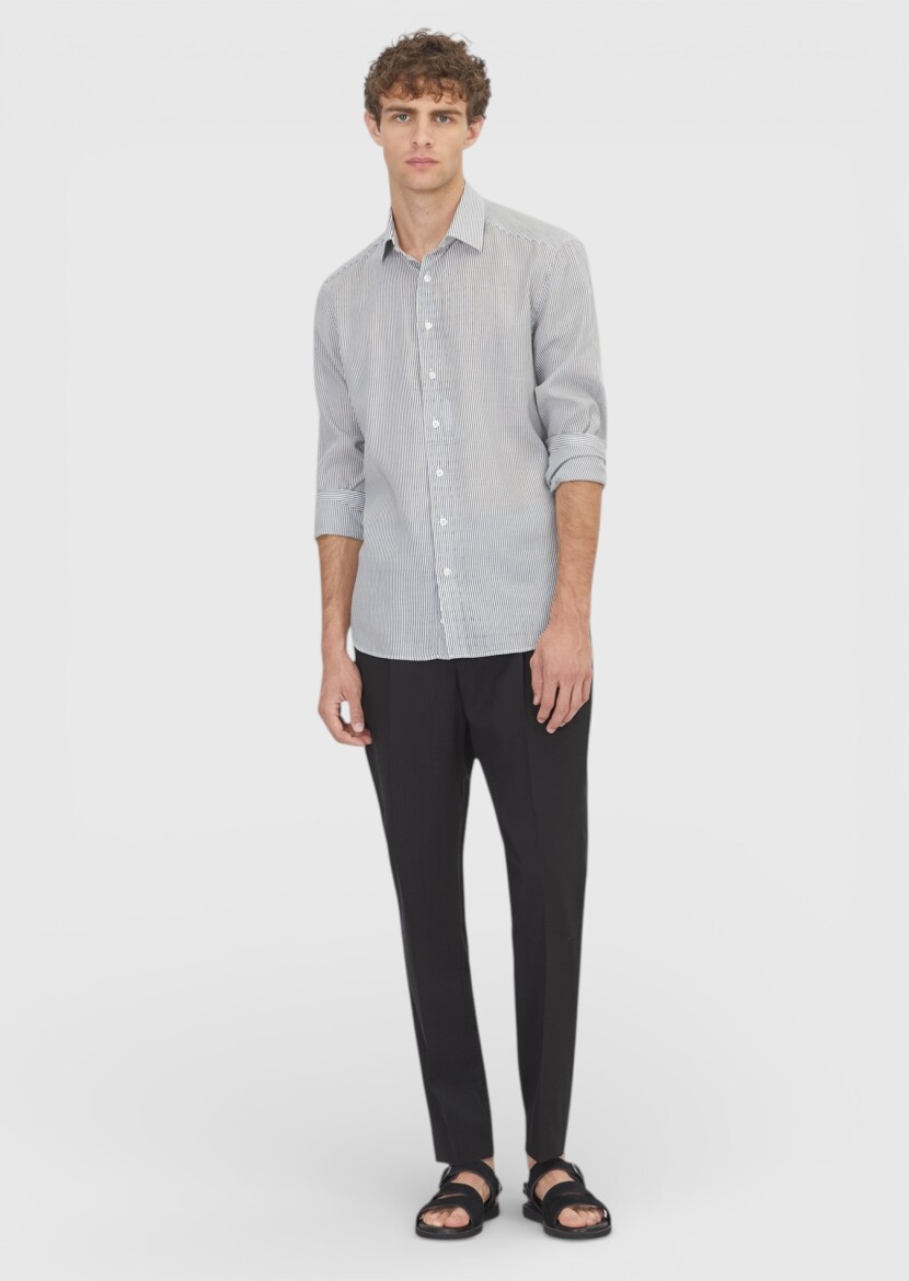 Black Striped Casual Fit Weaving Casual Cotton Blended Shirt - RAMSEY