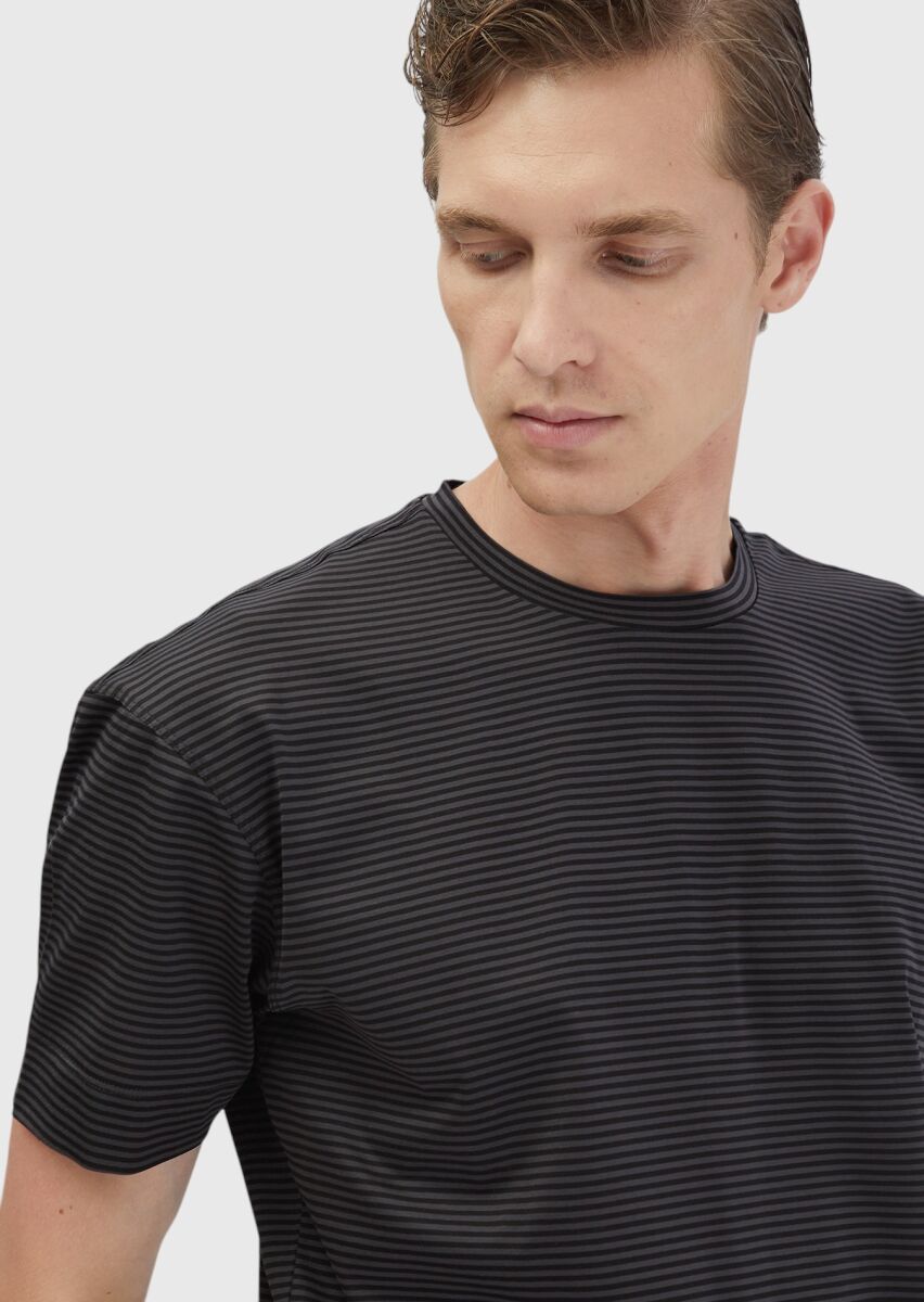 Black Striped Crew Neck 100% Cotton T-Shirt - 4