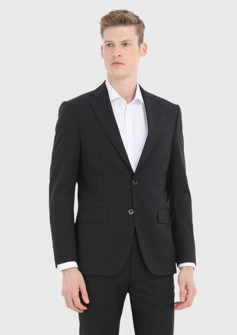 Black Striped Modern Fit 100% Wool Suit - 2