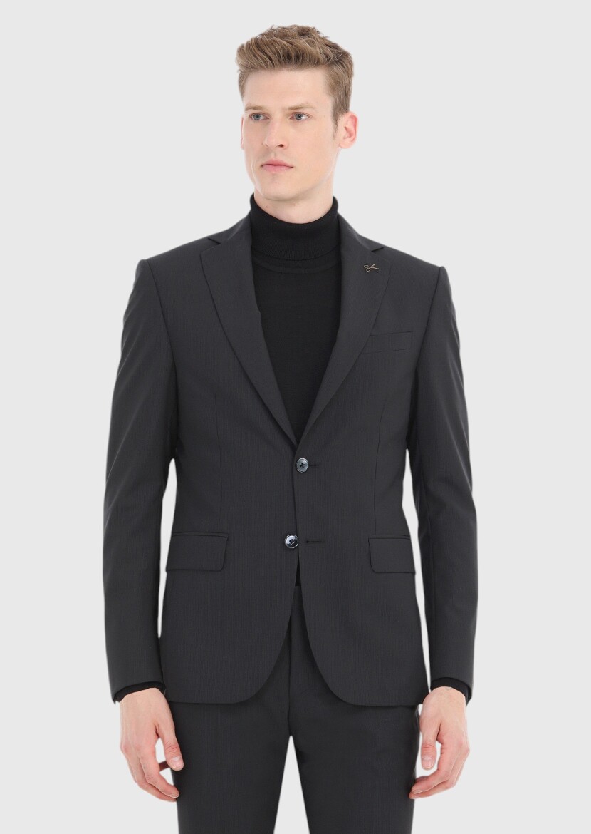 Black Striped Modern Fit 100% Wool Suit - 2