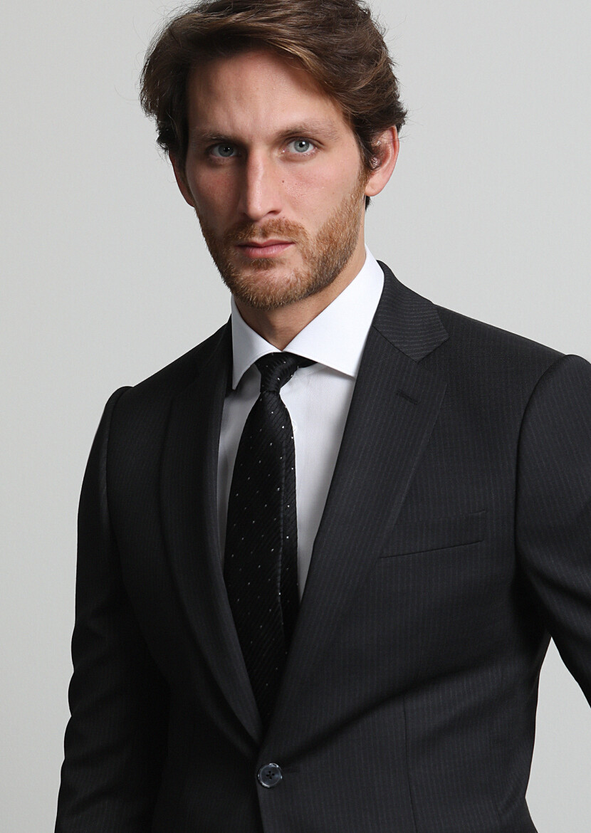 Black Striped Modern Fit Wool Blended Suit - 2