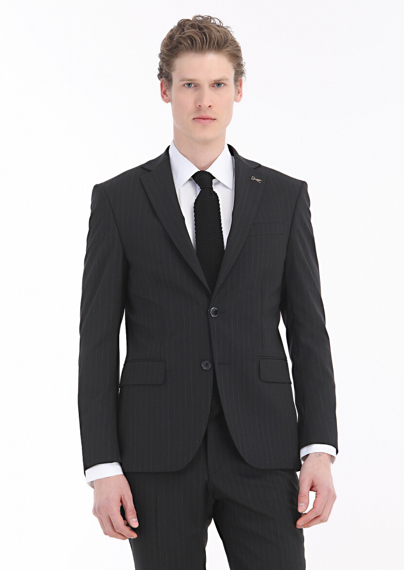 Black Striped Modern Fit Wool Blended Suit - 5