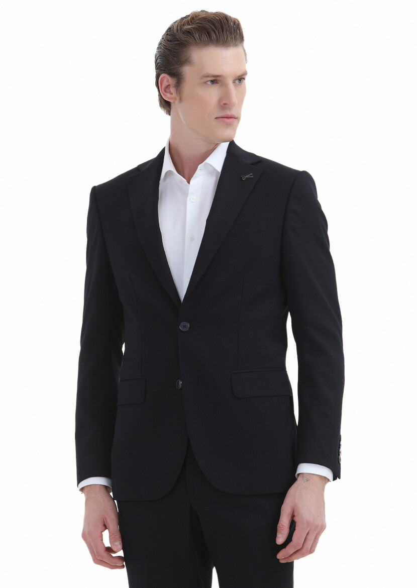 Black Striped Modern Fit Wool Blended Suit - 3