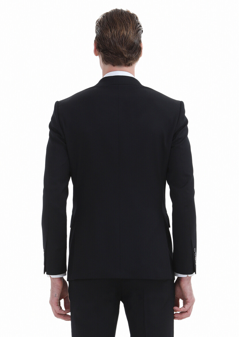 Black Striped Modern Fit Wool Blended Suit - 4