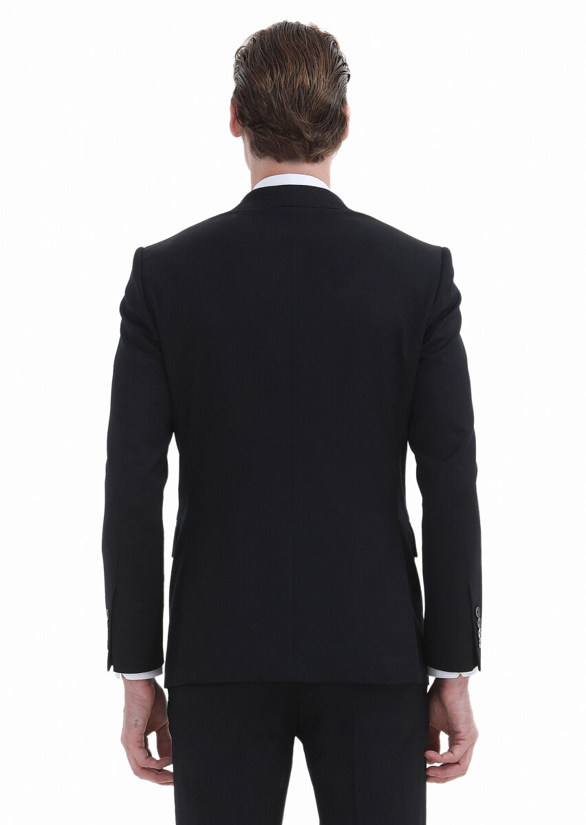 Black Striped Modern Fit Wool Blended Suit - 4