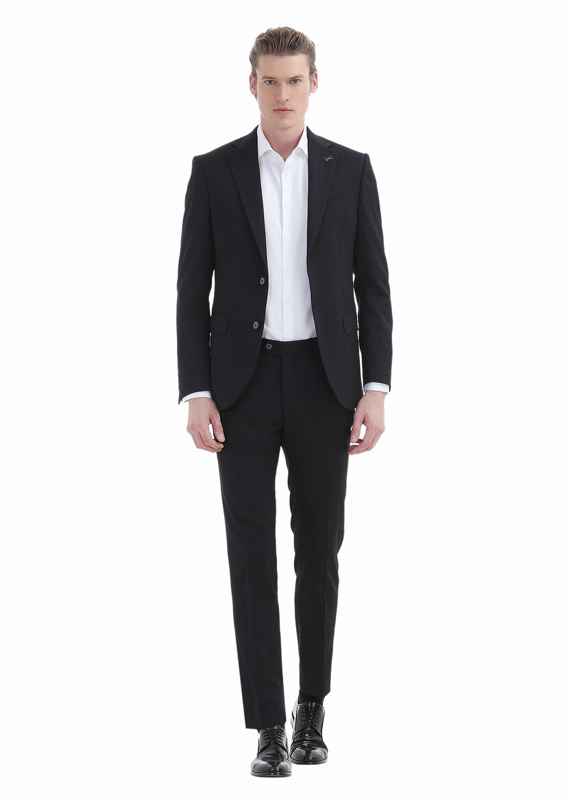 Black Striped Modern Fit Wool Blended Suit - 1