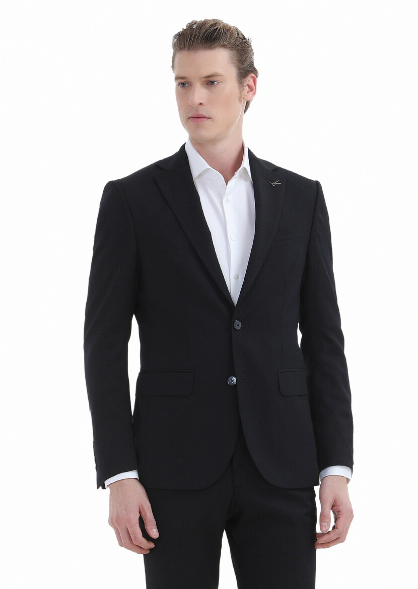 Black Striped Modern Fit Wool Blended Suit - 3