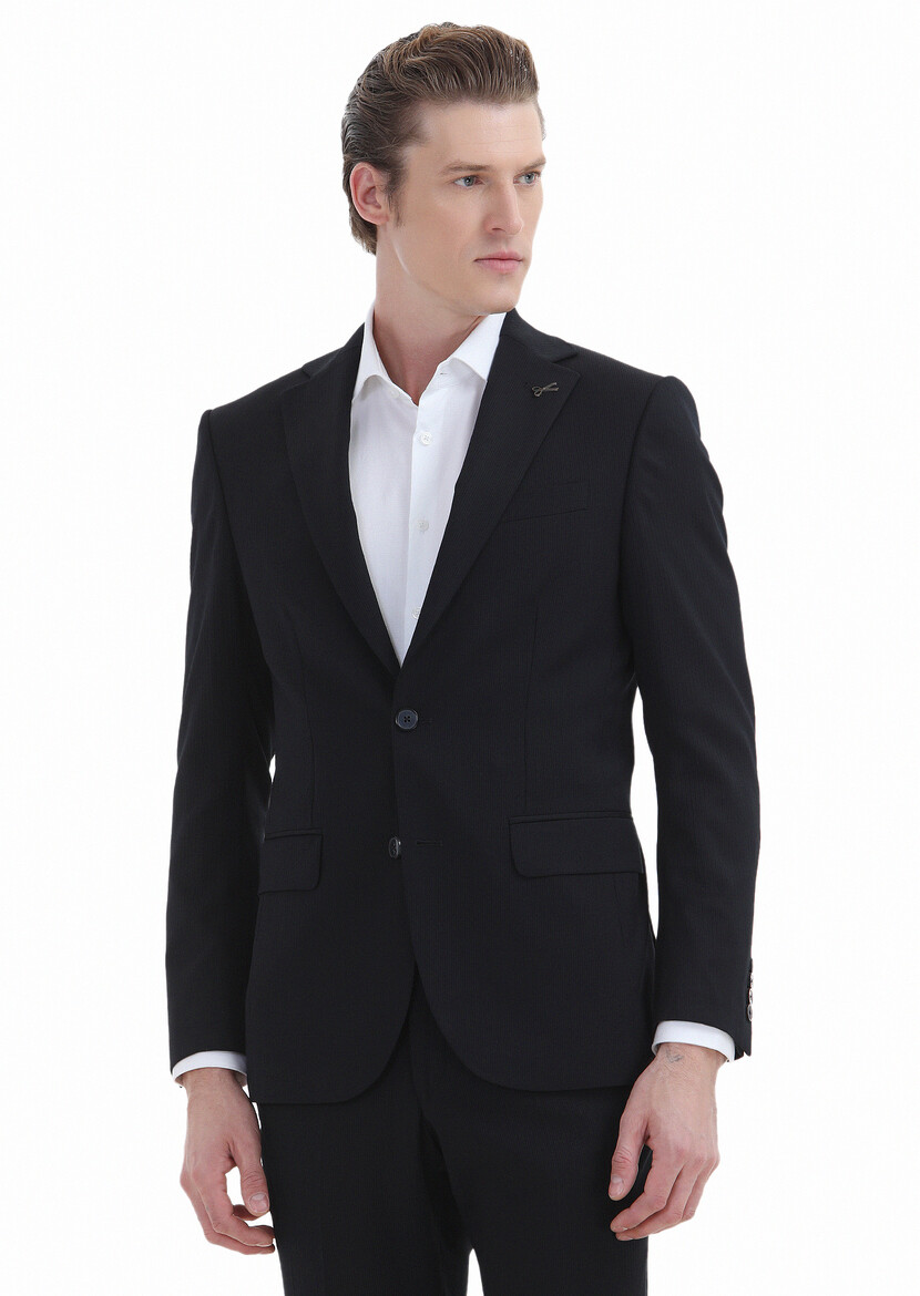 Black Striped Modern Fit Wool Blended Suit - 4