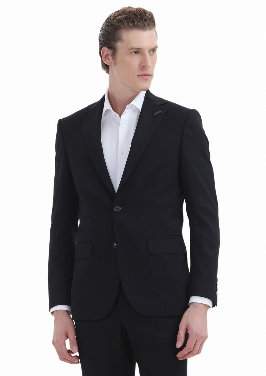 Black Striped Modern Fit Wool Blended Suit - 4