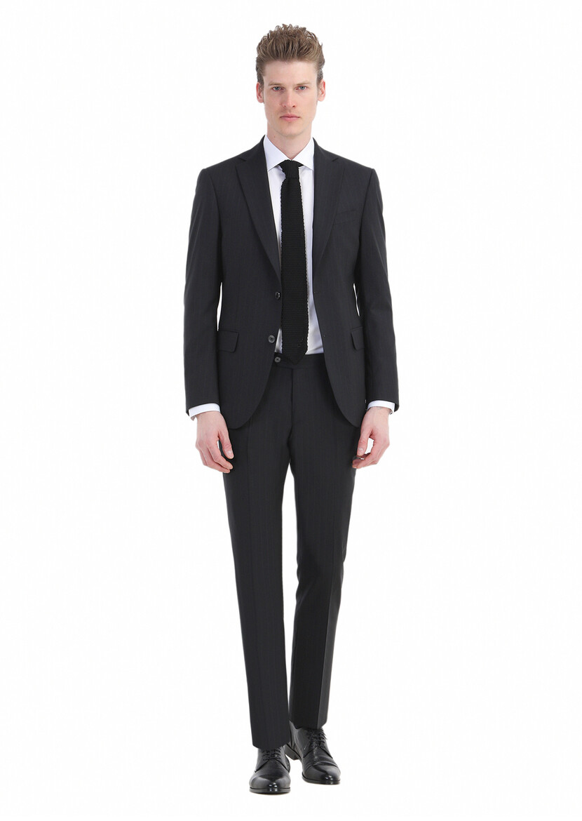 Black Striped Modern Fit Wool Blended Suit - 1