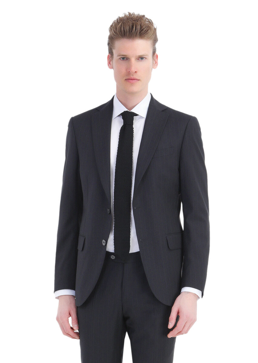 Black Striped Modern Fit Wool Blended Suit - 3