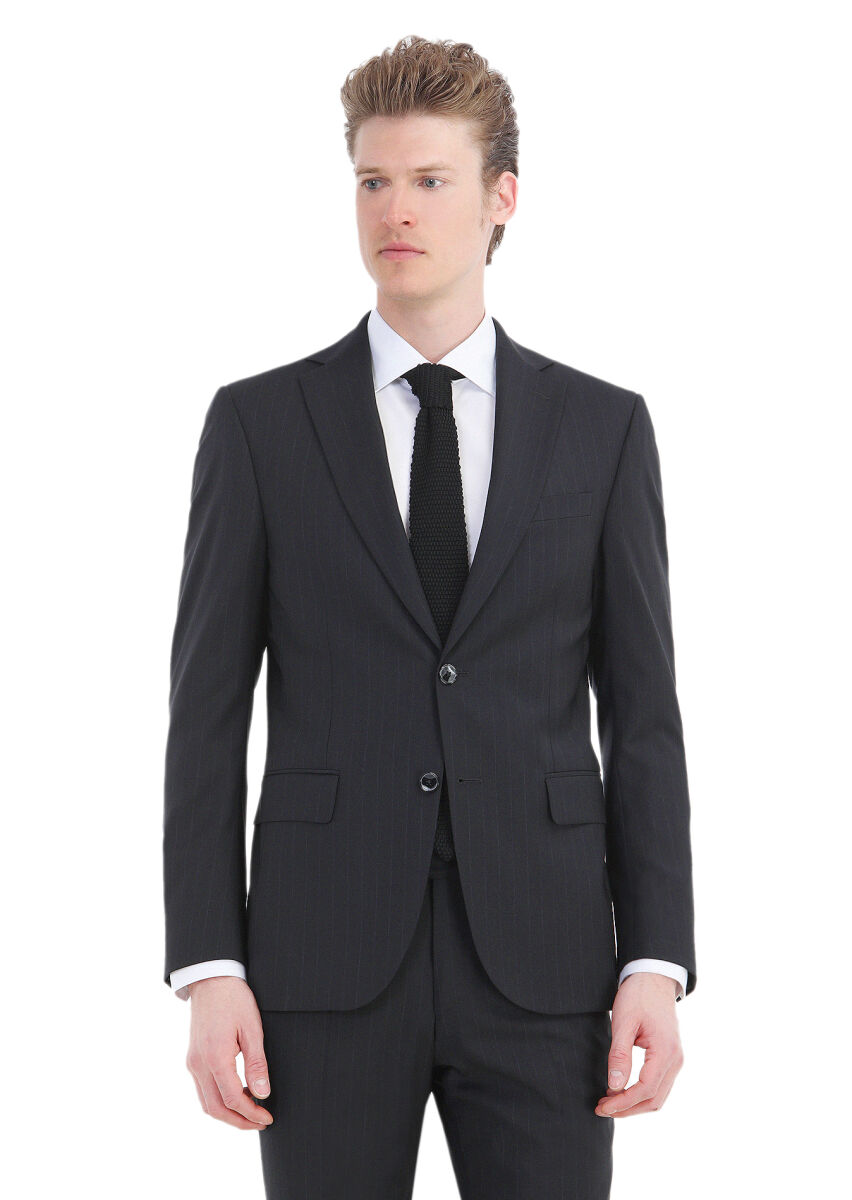 Black Striped Modern Fit Wool Blended Suit - 2