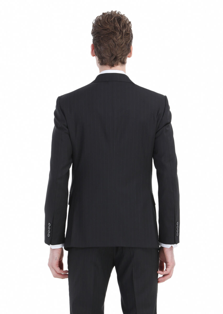 Black Striped Modern Fit Wool Blended Suit - 7