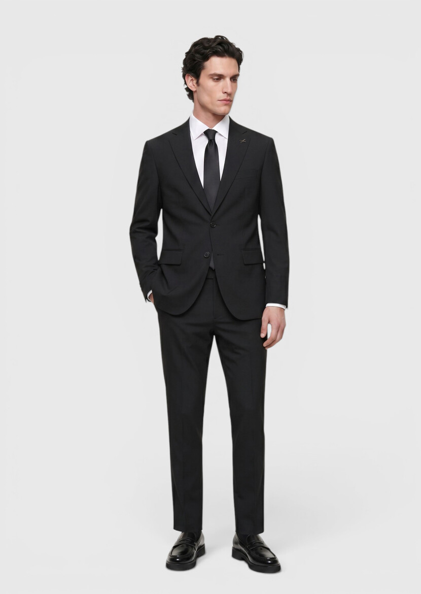 Black Striped Modern Fit Wool Blended Suit - RAMSEY