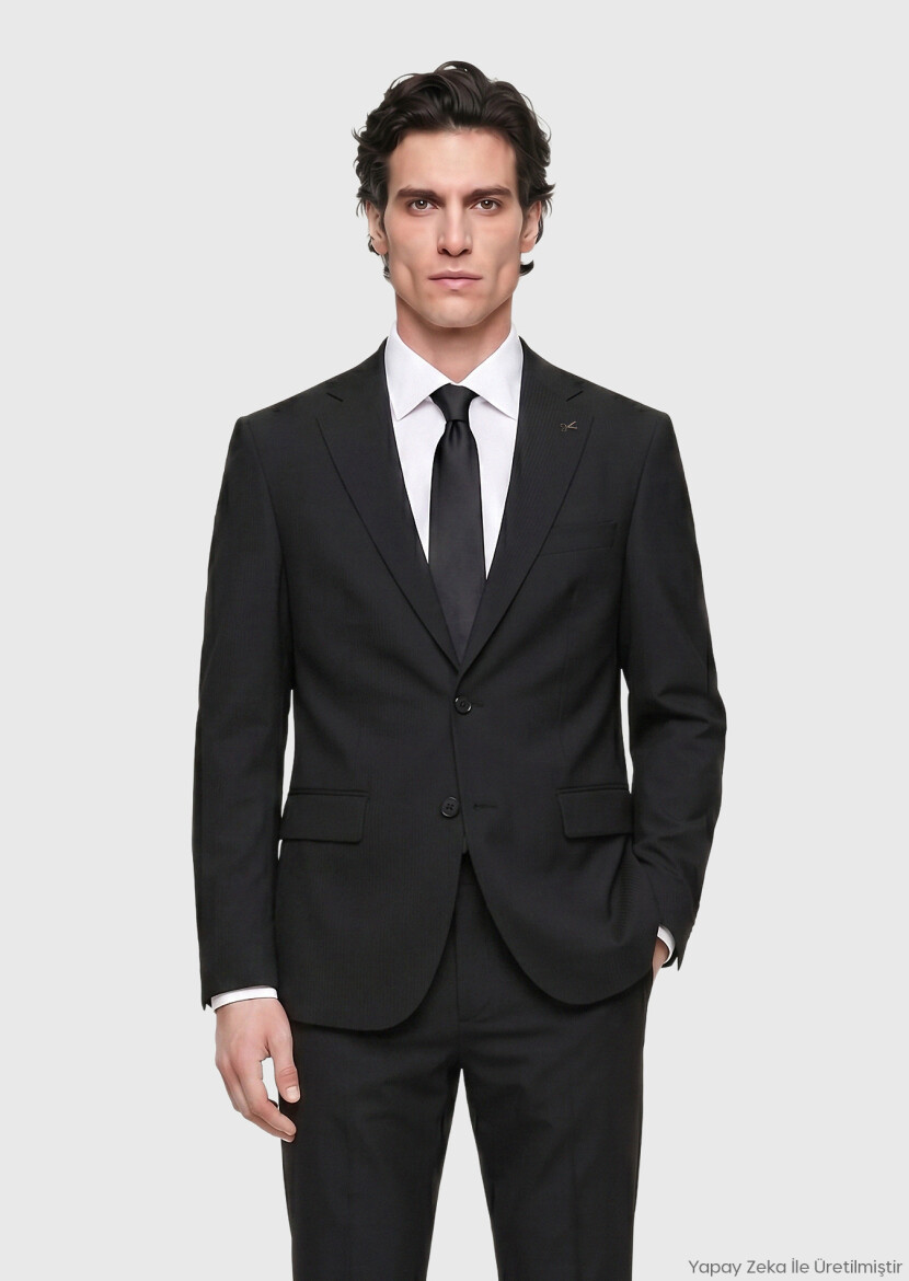 Black Striped Modern Fit Wool Blended Suit - RAMSEY
