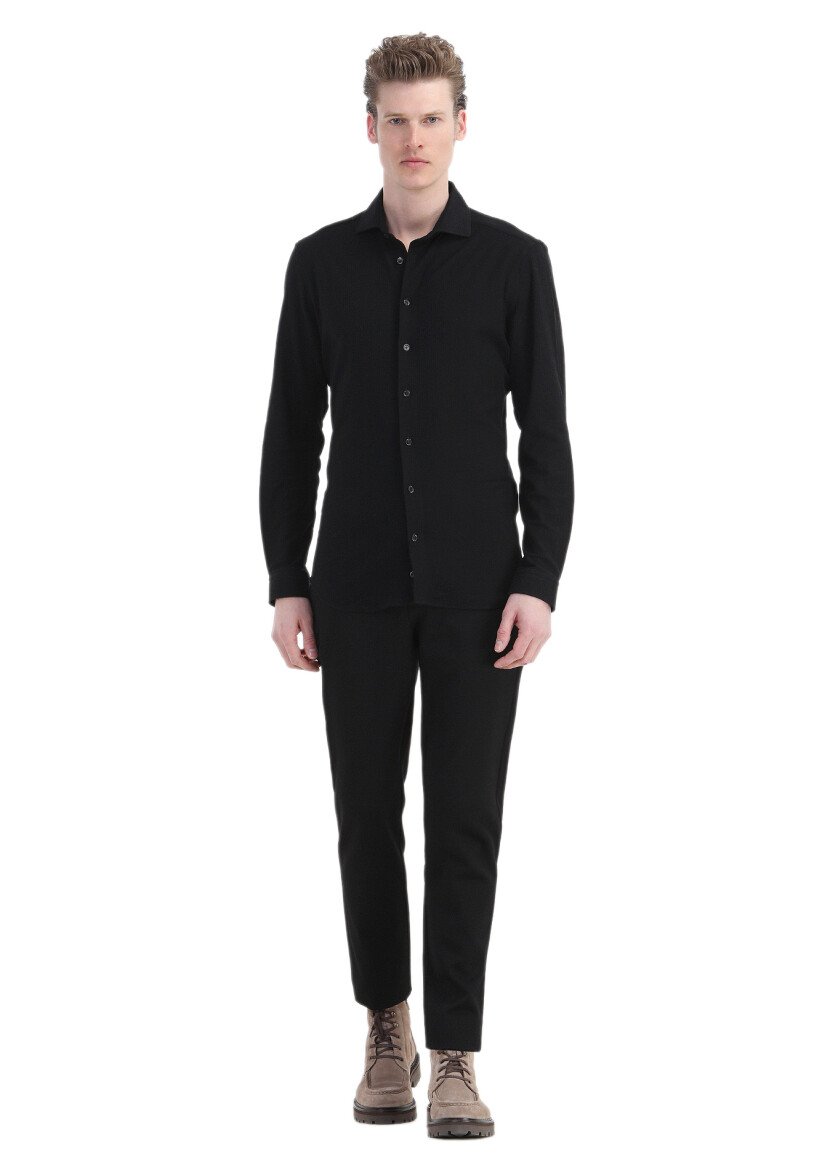Black Striped Regular Fit Knitting Casual 100% Cotton Shirt 