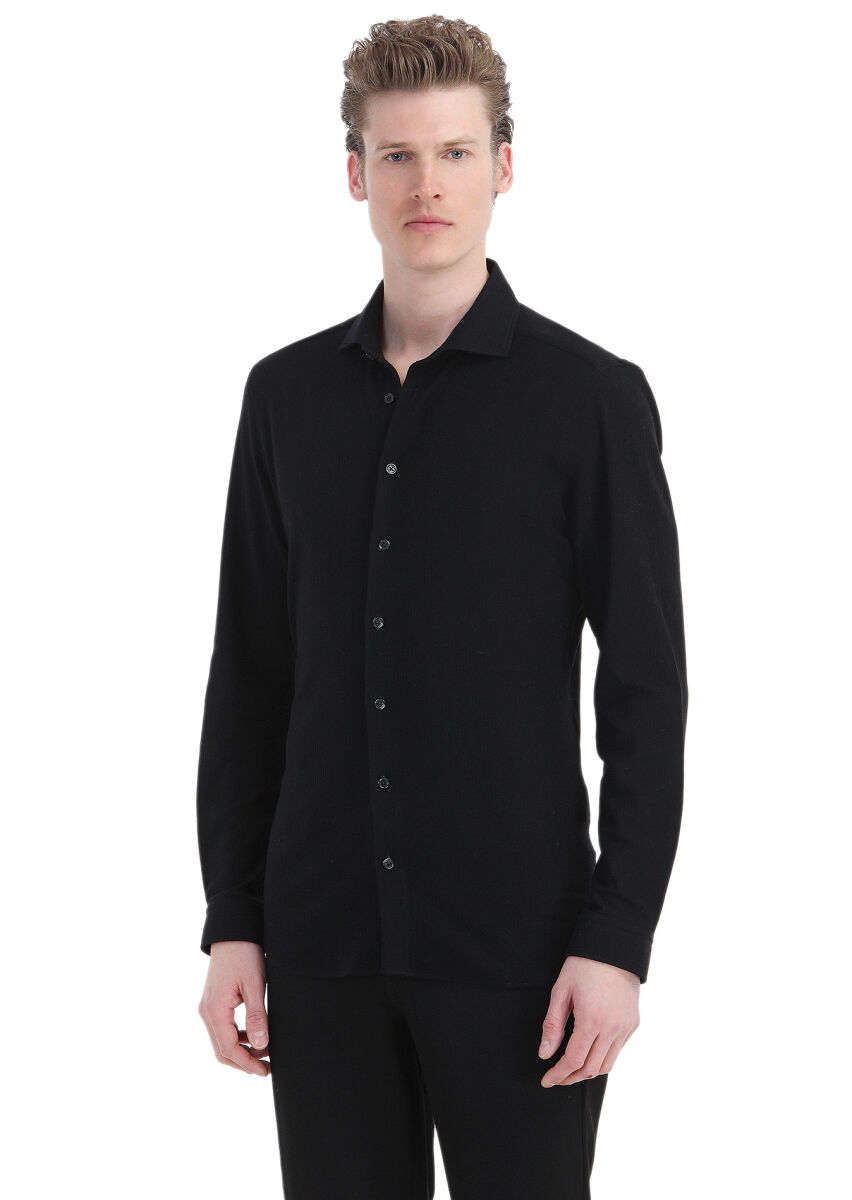 Black Striped Regular Fit Long Knitting Casual 100% Cotton Shirt - 1