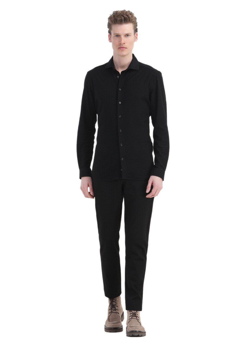 Black Striped Regular Fit Long Knitting Casual 100% Cotton Shirt 