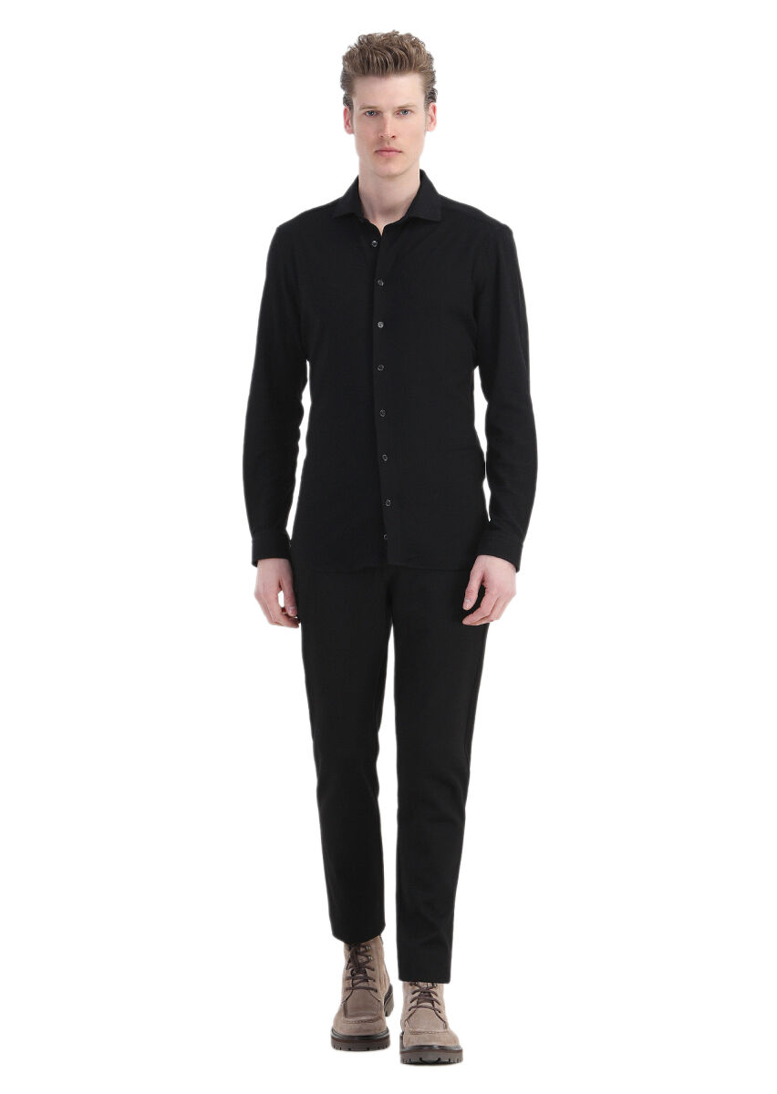 Black Striped Regular Fit Long Knitting Casual 100% Cotton Shirt - 2