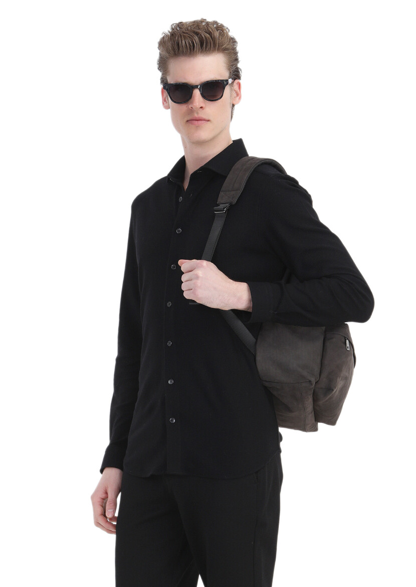 Black Striped Regular Fit Long Knitting Casual 100% Cotton Shirt - 3