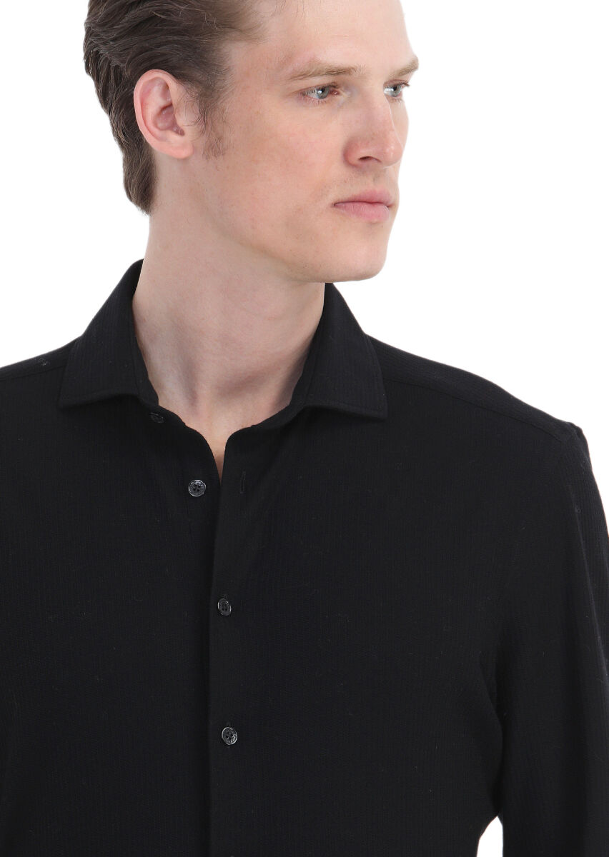 Black Striped Regular Fit Long Knitting Casual 100% Cotton Shirt - 4