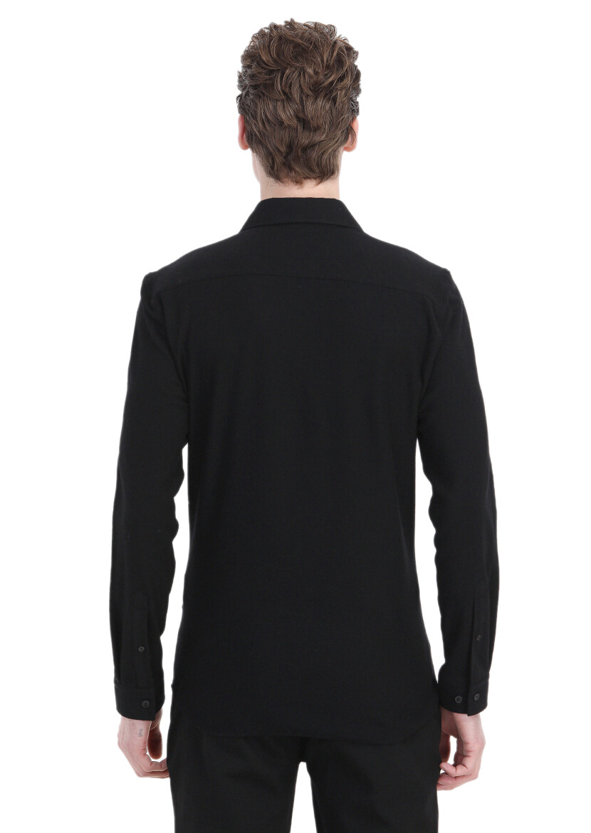 Black Striped Regular Fit Long Knitting Casual 100% Cotton Shirt - 5