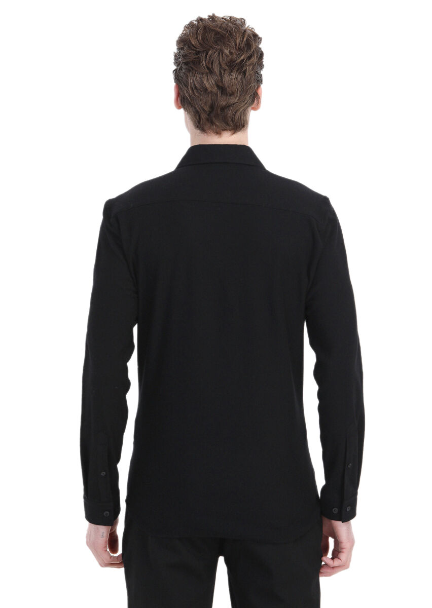 Black Striped Regular Fit Long Knitting Casual 100% Cotton Shirt - 5