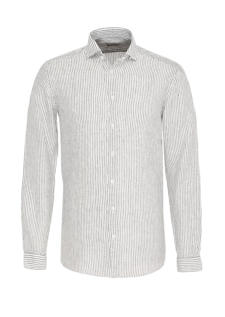 Black Striped Regular Fit Long Weaving Casual 100% Linen Shirt - 1