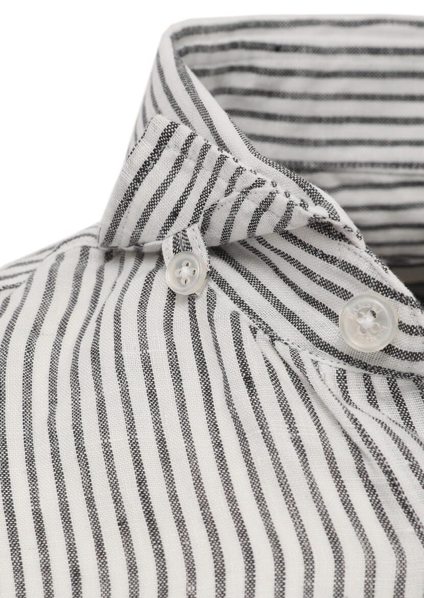 Black Striped Regular Fit Long Weaving Casual 100% Linen Shirt - 3