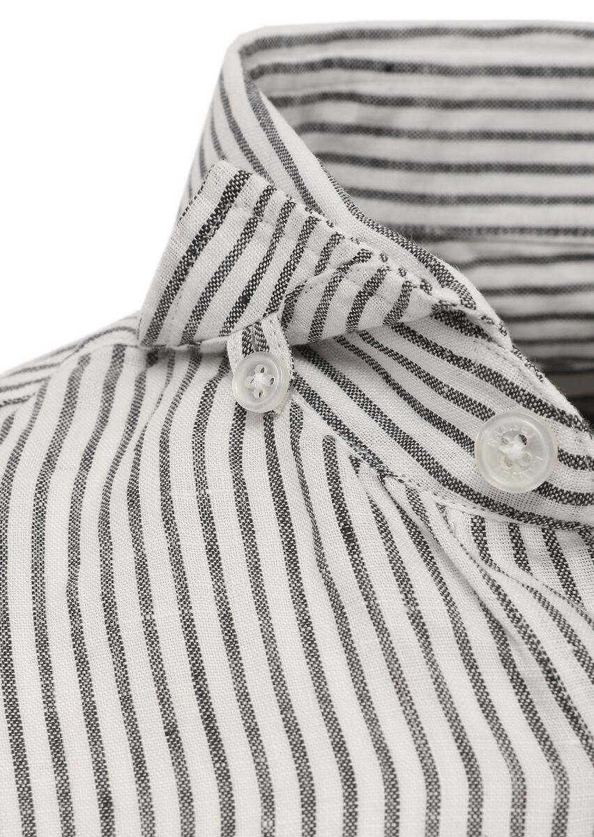 Black Striped Regular Fit Long Weaving Casual 100% Linen Shirt - 3