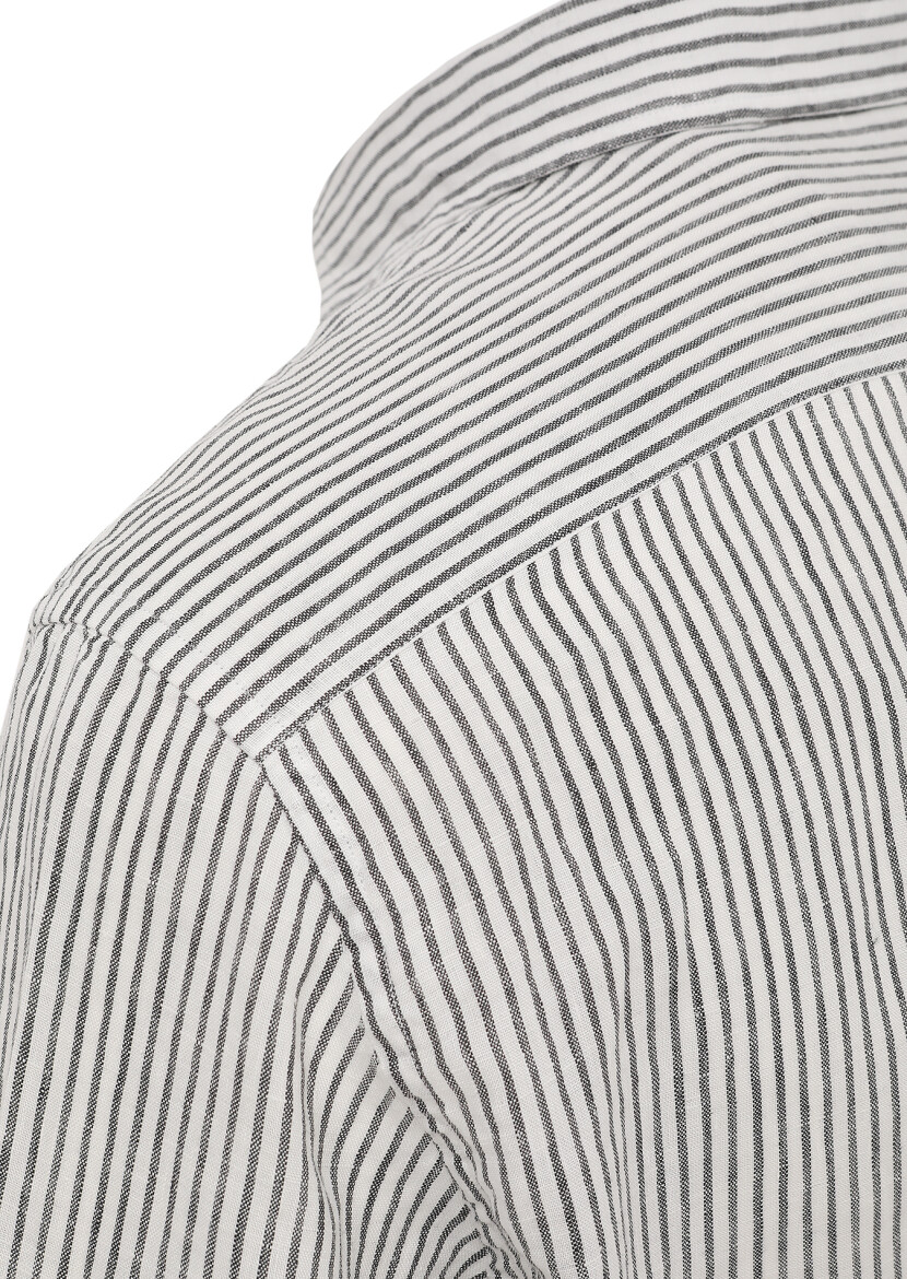 Black Striped Regular Fit Long Weaving Casual 100% Linen Shirt - 4