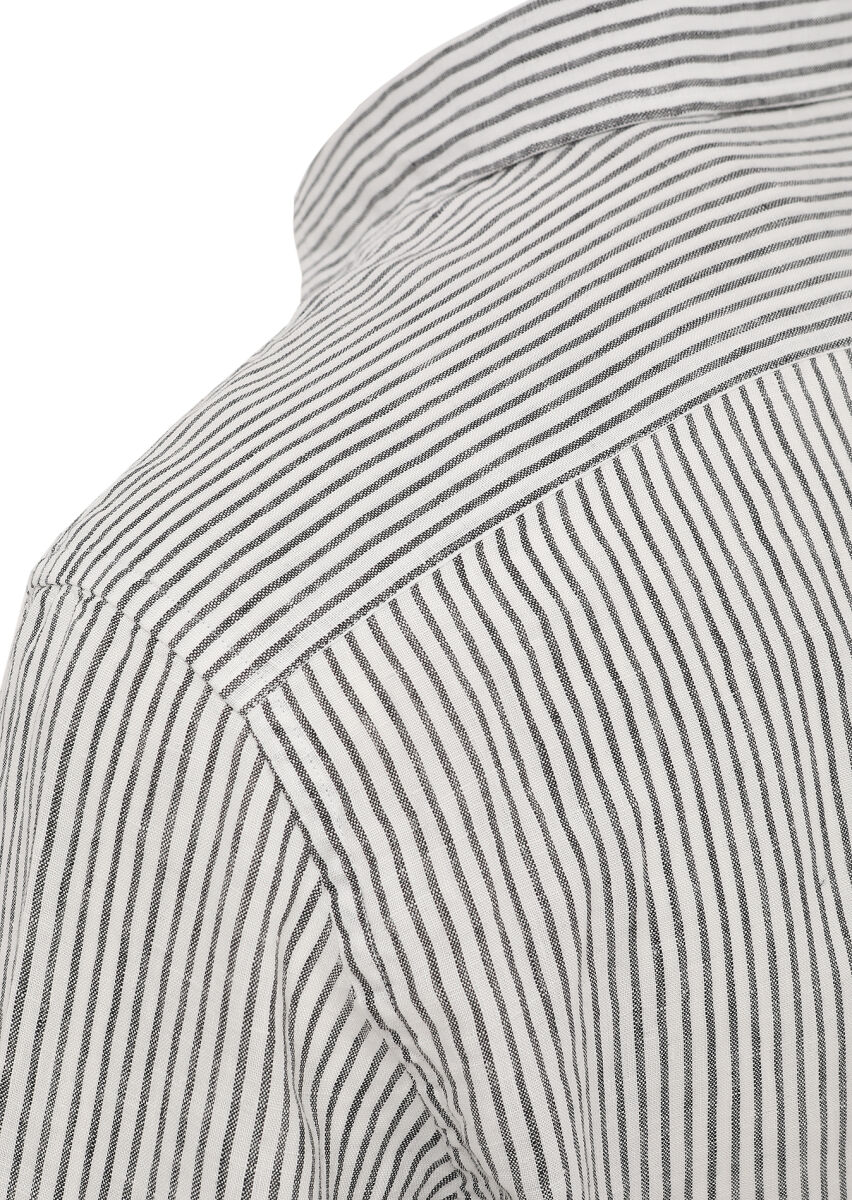 Black Striped Regular Fit Long Weaving Casual 100% Linen Shirt - 4