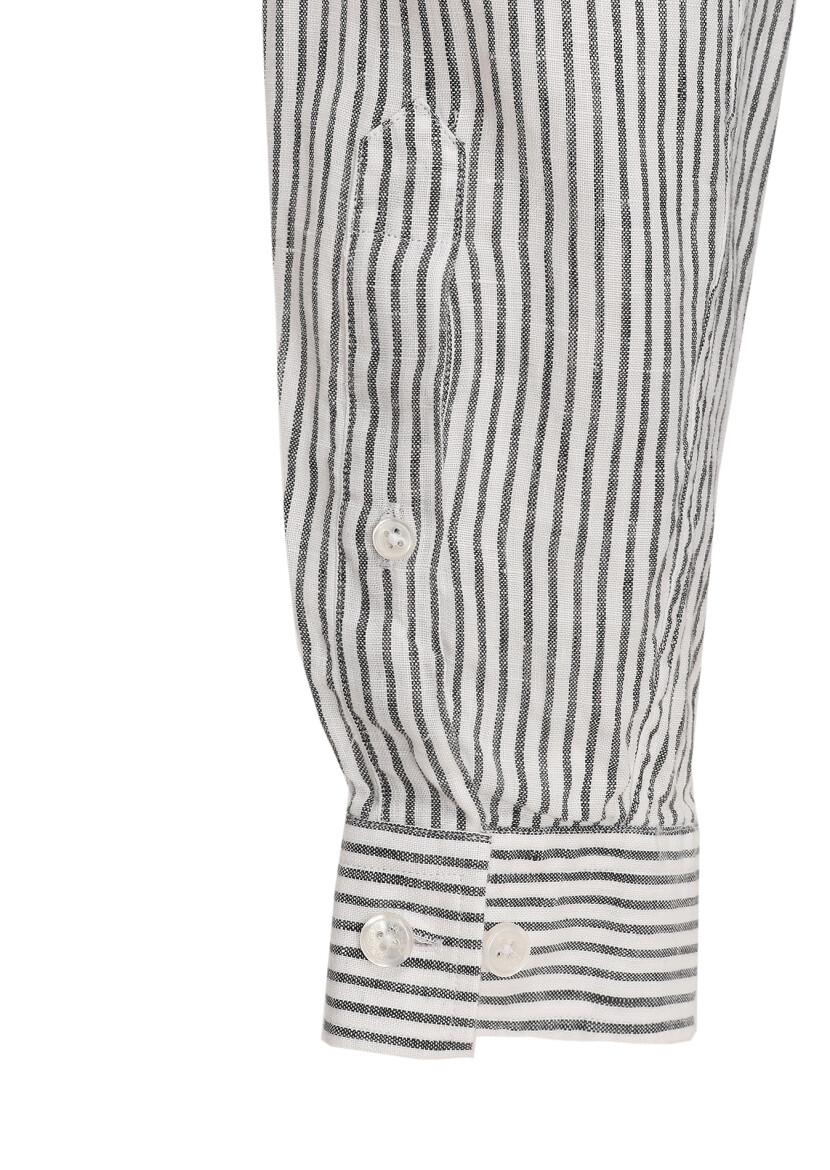 Black Striped Regular Fit Long Weaving Casual 100% Linen Shirt - 5