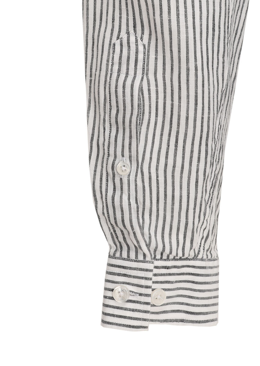 Black Striped Regular Fit Long Weaving Casual 100% Linen Shirt - 5