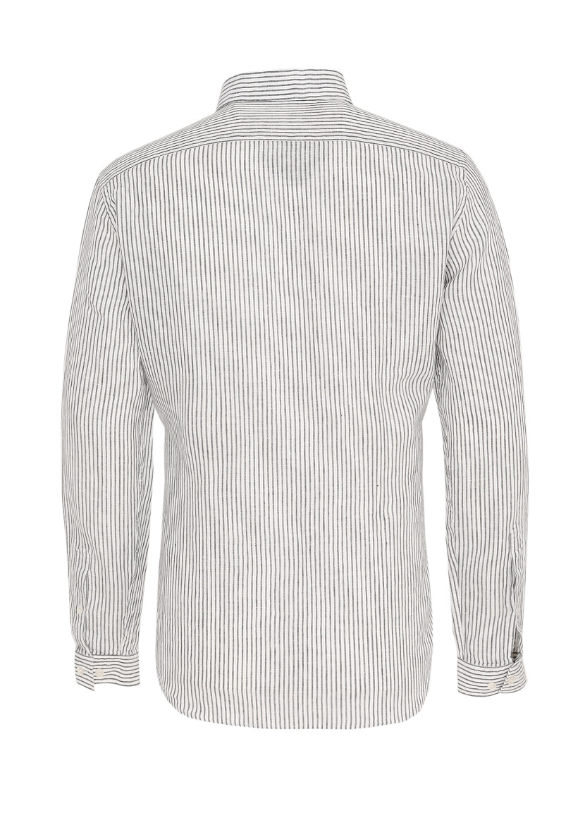 Black Striped Regular Fit Long Weaving Casual 100% Linen Shirt - 6