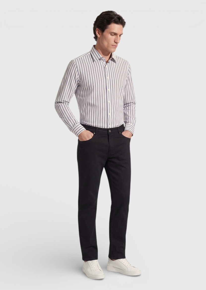 Black Striped Regular Fit Long Weaving Casual Silk Blended Shirt - 3