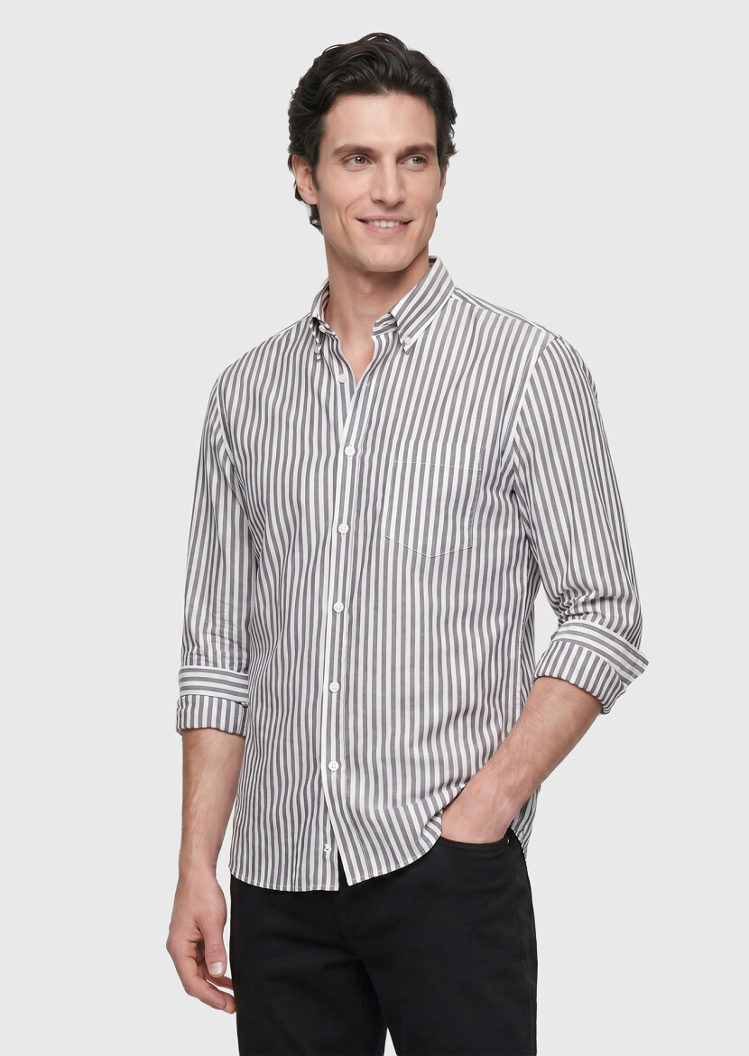 Black Striped Regular Fit Long Weaving Classical Shirt 