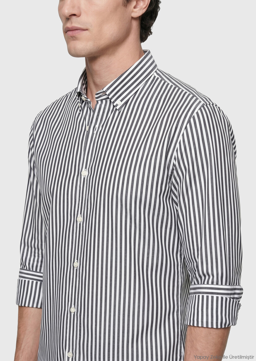 Black Striped Regular Fit Long Weaving Classical Shirt - RAMSEY