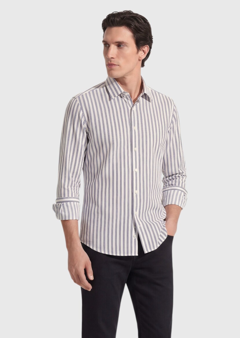 Black Striped Regular Fit Weaving Casual Silk Blended Shirt - RAMSEY