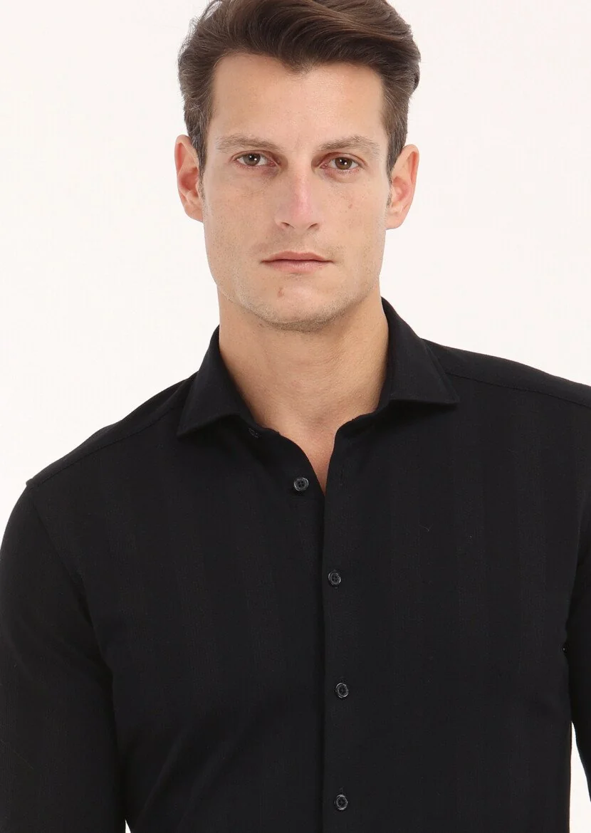 Black Striped Slim Fit Knitting Casual 100% Cotton Shirt - 3