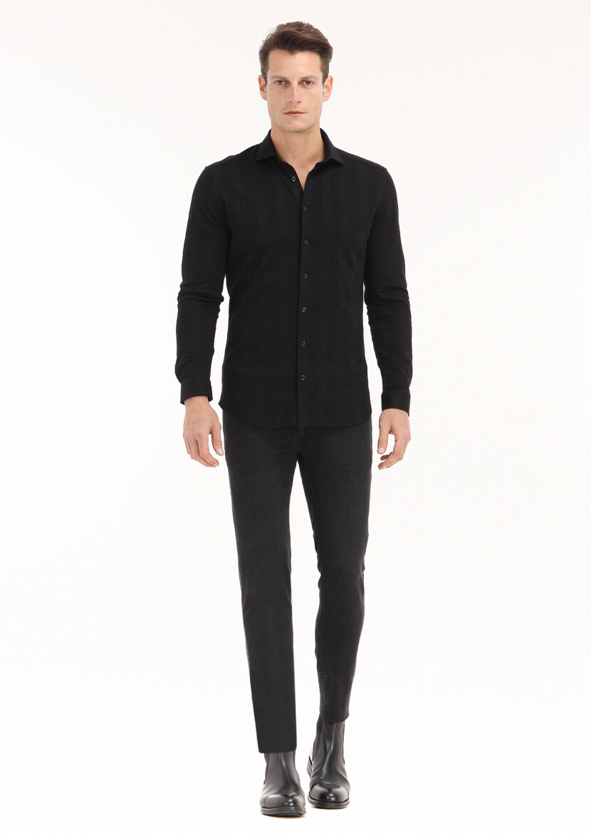 Black Striped Slim Fit Long Knitting Casual 100% Cotton Shirt - 1