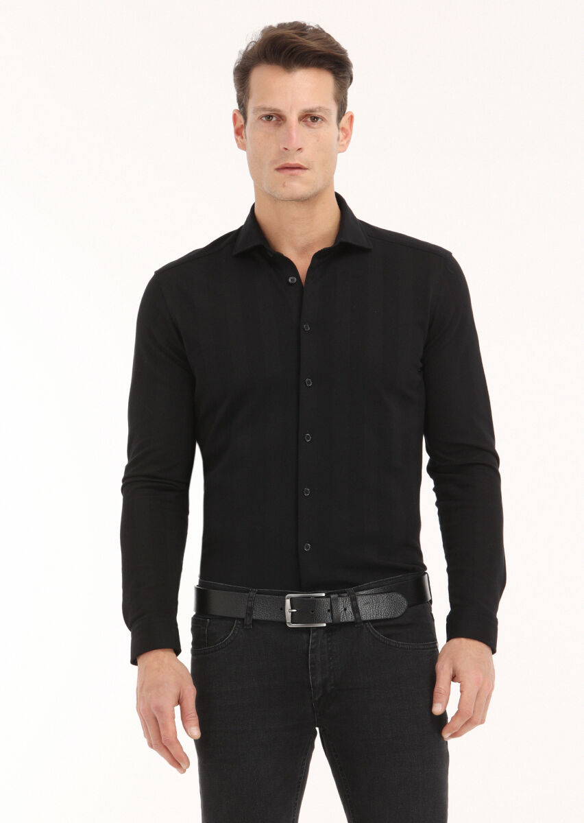 Black Striped Slim Fit Long Knitting Casual 100% Cotton Shirt - 2