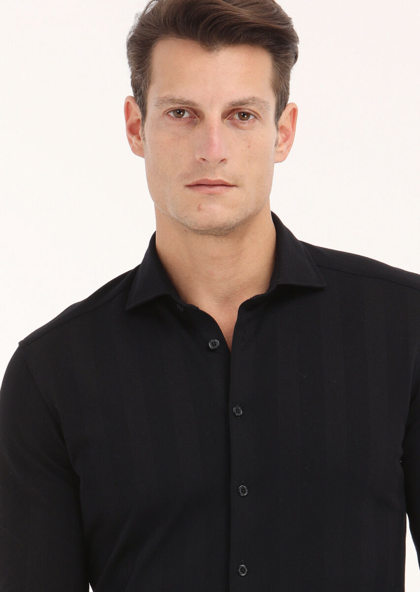 Black Striped Slim Fit Long Knitting Casual 100% Cotton Shirt - 3