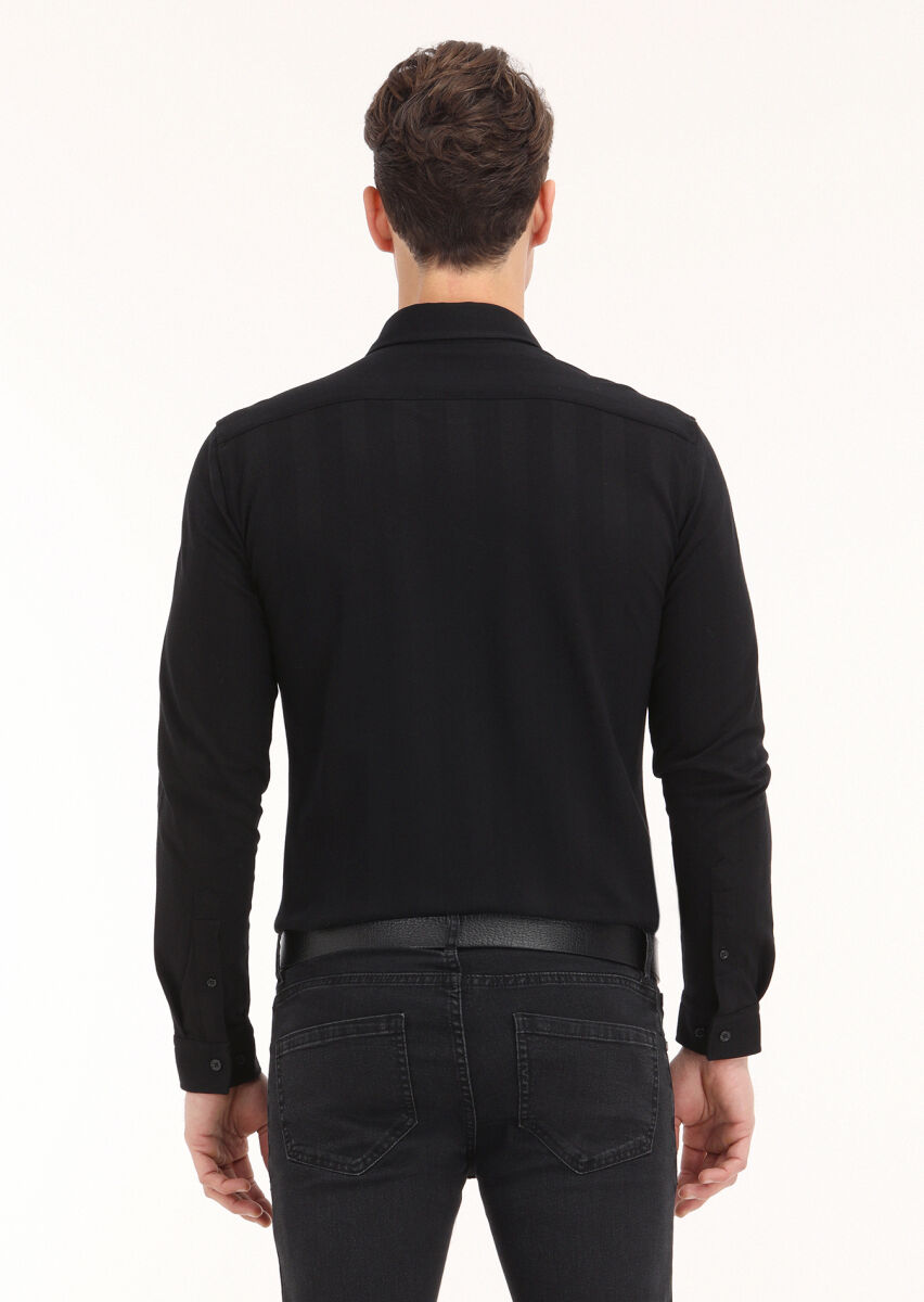 Black Striped Slim Fit Long Knitting Casual 100% Cotton Shirt - 4
